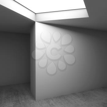 Abstract contemporary architectural background, empty room interior. Concrete floor, white walls and ceiling light window. Square 3d render illustration