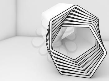 Abstract white installation object with black contour in empty room interior, 3d render illustration