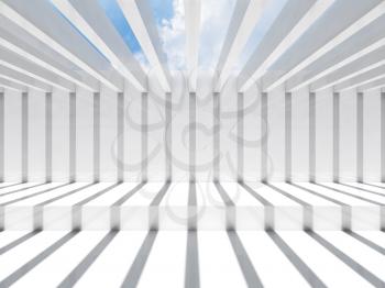 Abstract white interior background. Empty room with ceiling illumination and striped pattern of shadows and light beams, 3d render illustration