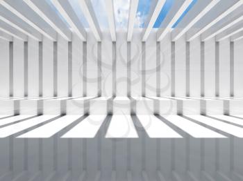 Abstract white interior, cg background. Room with ceiling illumination and striped pattern of shadows and light beams, 3d render illustration