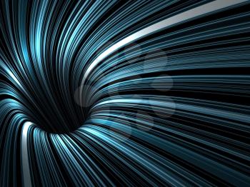 Abstract digital background, dark turning tunnel with pattern of glowing blue lines, 3d render illustration