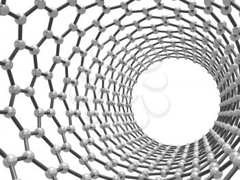 Zigzag carbon nanotube. Schematic molecular structure. Atoms connected in wrapped hexagonal lattice. Front view with perspective isolated on white background. 3d illustration