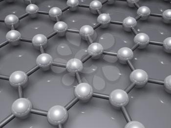 Graphene layer structure molecular model, hexagonal lattice made of carbon atoms. 3d illustration