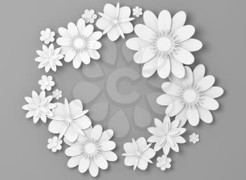 White paper flowers round decoration over light gray backdrop, bridal greeting card, ornamental background. 3d illustration