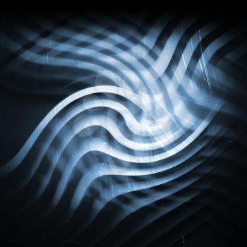 Abstract dark blue square background, pattern with bent glowing stripes. 3d render illustration