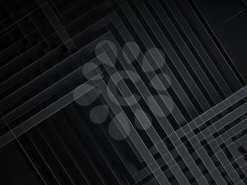 Abstract black background, geometric pattern of intersected stripes with white wire frime lines. Computer graphic, digital 3d render illustration