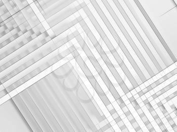 Abstract white background, geometric pattern of intersected paper stripes with wire frime lines. Digiral graphic, 3d render illustration