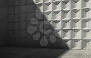 Abstract empty concrete interior with shadow on wall. Minimalism architectural style, 3d render illustration