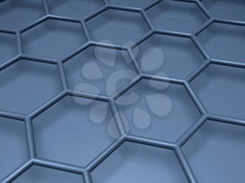 Blue hexagonal lattice fragment, 3d illustration