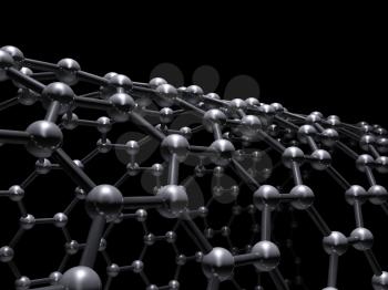 Single-walled zigzag carbon nanotubes molecular scheme, carbon atoms connected in wrapped hexagonal lattice isolated on black background, 3d illustration