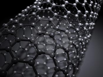 Single-walled zigzag carbon nanotubes molecular structure, atoms of carbon in wrapped hexagonal lattice on black background, 3d illustration