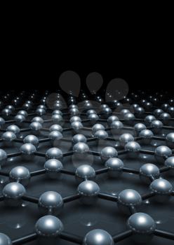 Graphene layer molecular model, hexagonal lattice of carbon atoms in dark. 3d illustration