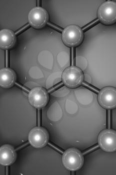Graphene layer fragment, molecular model, hexagonal lattice of carbon atoms. 3d illustration