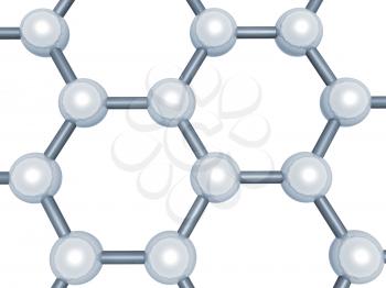 Graphene layer fragment, schematic molecular model, hexagonal lattice made of carbon atoms isolated on white background, 3d render illustration