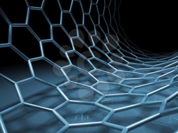 Blue hexagonal mesh tube structure. 3d illustration