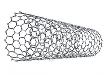 Carbon nanotubes molecule structure, atoms in wrapped hexagonal lattice isolated on white background, 3d illustration