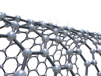 Single-walled zigzag carbon nanotubes molecular scheme, atoms connected in wrapped hexagonal lattice isolated on white background, 3d illustration