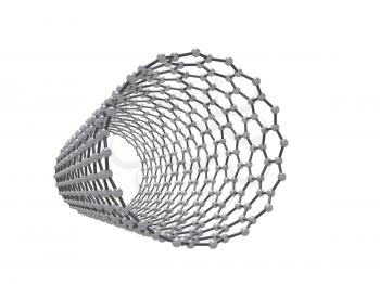 Carbon nanotubes molecule structure, atoms of carbon in wrapped hexagonal lattice isolated on white background, 3d render