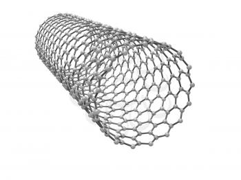 Carbon nanotubes molecular structure, atoms of carbon in wrapped hexagonal lattice isolated on white background, 3d render illustration