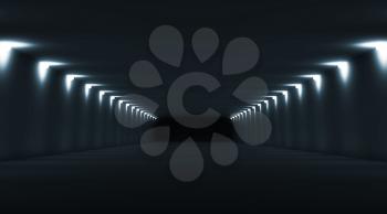 Abstract dark tunnel interior perspective with spot lights illumination. Digital 3d illustration
