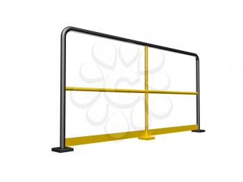 Side view of yellow and black industrial handrail railing section isolated on white background. 3d render illustration