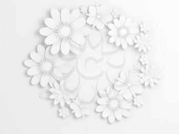 White paper flowers, wreath decoration, bridal greeting card, ornamental background. Digital 3d render illustration