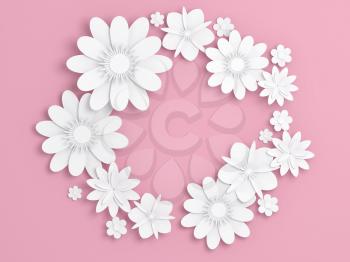 White paper flowers decoration over light pink backdrop, bridal greeting card, ornamental background. Digital 3d render illustration