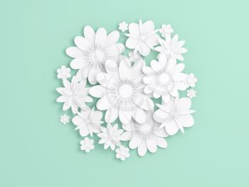 White paper flowers decoration on light green backdrop, bridal greeting card, ornamental background. Digital 3d render illustration