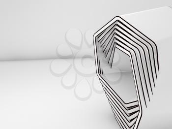 Abstract white installation structure with black contour in empty room interior, 3d render illustration