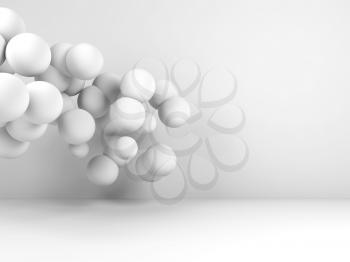 Installation of spheres flying in abstract white room interior. Digital graphic background, 3d render illustration