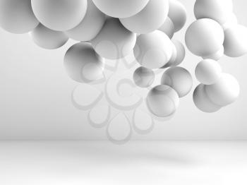 Cloud of spheres flying in abstract white room interior. Digital graphic background, 3d render illustration