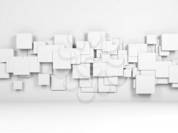 Abstract white interior background with installation of cubes on front wall, 3d render illustration