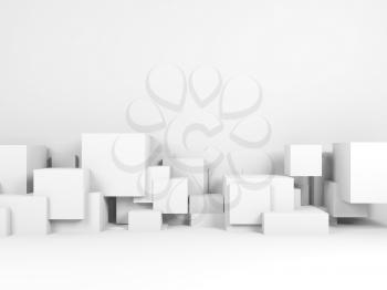 Abstract white interior background with installation of cubes near front wall, 3d render illustration