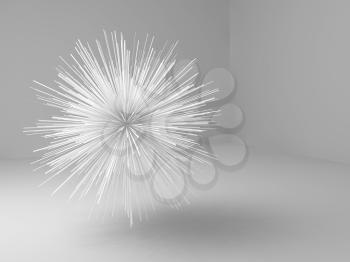 Abstract sharp star shaped object flying in empty white room, 3d illustration