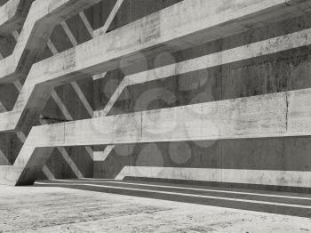 Abstract concrete interior background with beams and shadows, 3d render illustration