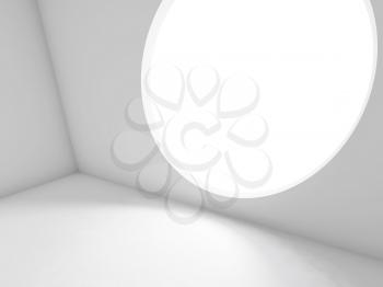 Abstract white interior background, empty room with round window. 3d render illustration