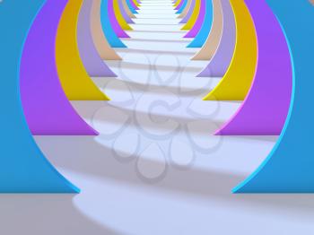 Abstract colorful tunnel interior with white floor. 3d illustration