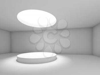 Abstract empty interior, showroom with round ceiling light and podium under it. 3d render illustration