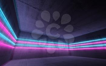Abstract dark concrete interior with colorful neon light lines, 3d render illustration