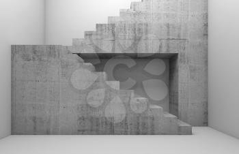 Concrete stairway structure in empty white room, abstract architectural background, 3d render illustration