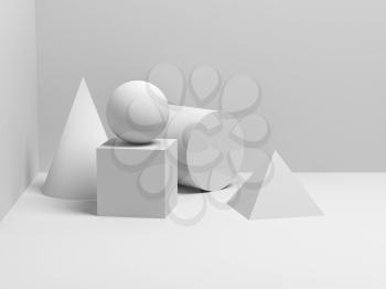 Abstract classical still life installation with white primitive geometric shapes. 3d render illustration