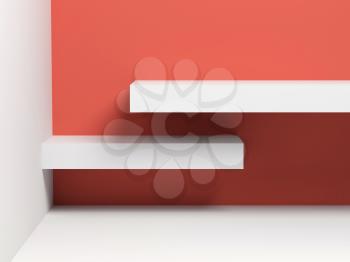 Abstract digital background with two empty white shelves on the wall. 3d render illustration