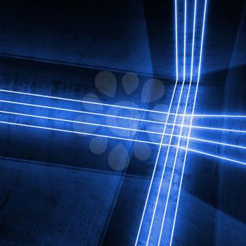 Abstract square concrete background with blue light lines, 3d render illustration