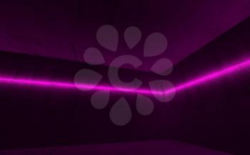 Abstract empty dark concrete interior with glowing purple neon light lines, 3d render illustration