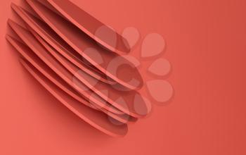 Red wall installation of random shifted discs, abstract digital background with copy space area. 3d render illustration