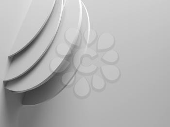 White wall installation of random shifted discs, abstract digital background with copy space. 3d render illustration