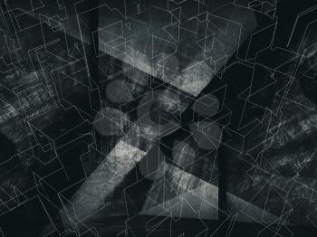Abstract dark concrete background with wire-frame pattern and double exposure effect. 3d illustration