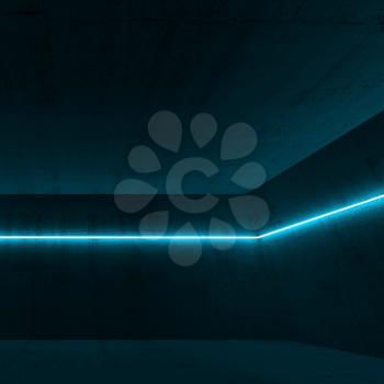 Abstract empty dark concrete interior with blue neon light line, square 3d render illustration
