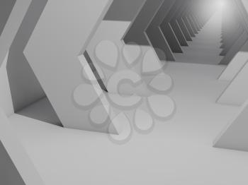 Abstract white interior background, empty corridor with hexagonal design elements. 3d render illustration