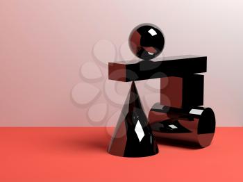 Abstract equilibrium concept, installation of glossy black primitive geometric shapes over white wall background. 3d render illustration